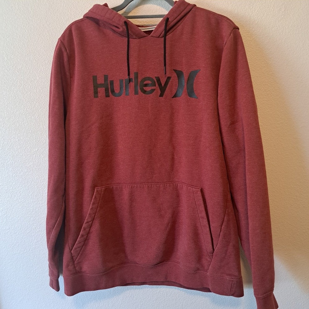 Hurley Mens Logo Hoodie Maroon Red Heather Fleece Sweatshirt Large